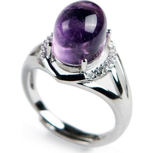 Genuine Natural Purple Crystal Quartz Round Stone Bead Adjustable Size Women Party Stering Sliver Ring