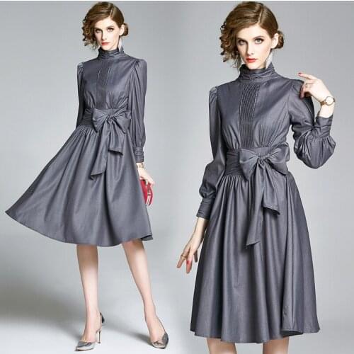 Womens Spring and Autumn New Long Sleeve Stand-Collar Ol Wind Workplace Dress Fashion Bow Lace-up Mid-Length