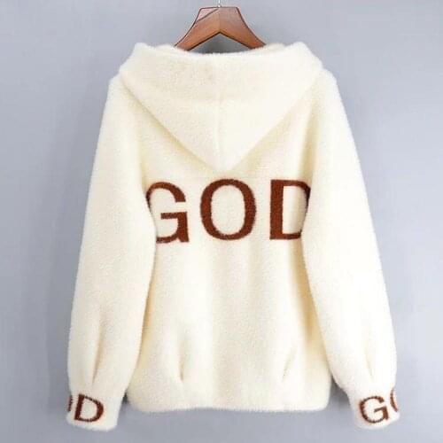 Imitation Mink Winter Coat New Womens Hooded Letter Versatile Knitted Hoodies Women Sweatshirt Zip-up