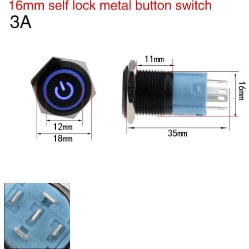 16MM With Indicator Light Self-Locking Metal Button Switch Alumina Black Current 3A The Power Icon