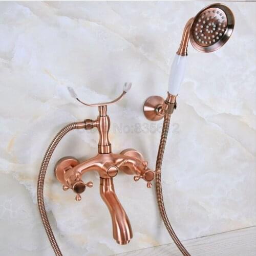 Antique Red Copper Bathroom Bath Tub Faucet Taps Dual Holder Telephone Style Wall Mounted tna371