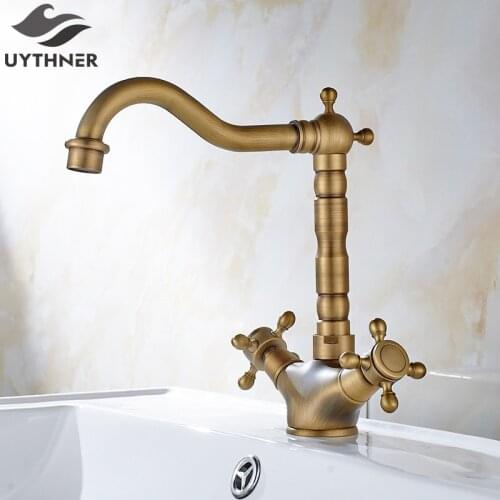 Uythner Antique Brass Bathroom Sink Faucet Dual Crossed Handles Mixer Tap
