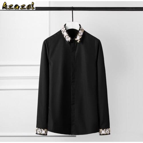 Azazel Men Shirt Luxury Gold And Pink Flower Embroidery Long Sleeve Mens Dress Shirts Party Casual Shirts Man Plus Size 4xl