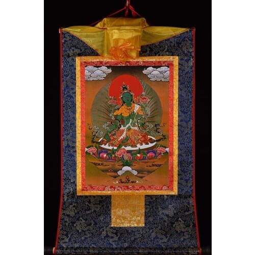 HOT SALE --Thang-ga Thangka HOME efficacious Protection Tibetan Buddhism Bodhisattva Tara Green Tara Buddha WALL Hang painting