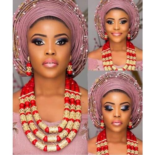 Red Coral Jewelry Sets for Women Fantastic Red and Gold Nigerian Wedding Gift Coral Bead Necklace Earrings Set for Brides CNR174