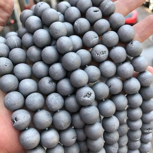6-12mm Round Gray Metallic Titanium Coated DRuzy Drusy Beads For Jewelry Making Beads Bracelets 15'' Needlework DIY Beads