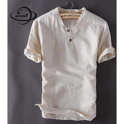 Mens T Shirts Summer Male T-shirts Clothing Short Sleeve Stand Collar Solid Color Flax Comfortable Man Top Tees Clothes H47