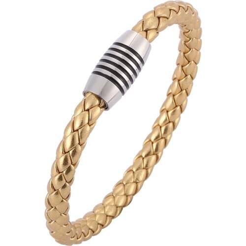 Punk Men Women Jewelry Golden Leather Rope Bracelet Silver Color Stainless Steel Magnet Buckle Fashion Bangles Gifts SP0523