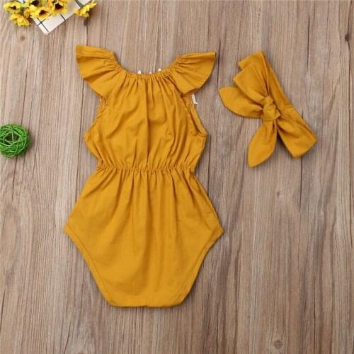 0-24 Months Baby Girl Set Solid Yellow Baby Rompers Sleeveless Cute Lace Girls Bodysuits Baby Hair Accessories Baby Newborn Set