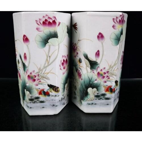 A Pair Chinese Porcelain Pastel Ancient Mandarin Duck Pattern Hexagonal Pen Holder Container