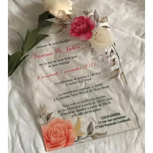 Peony Acrylic Wedding Invitation,Transparent Invitations,10pc Custom Acrylic Wedding Invite,Pocket Envelopes, Acrylic Menu Cards