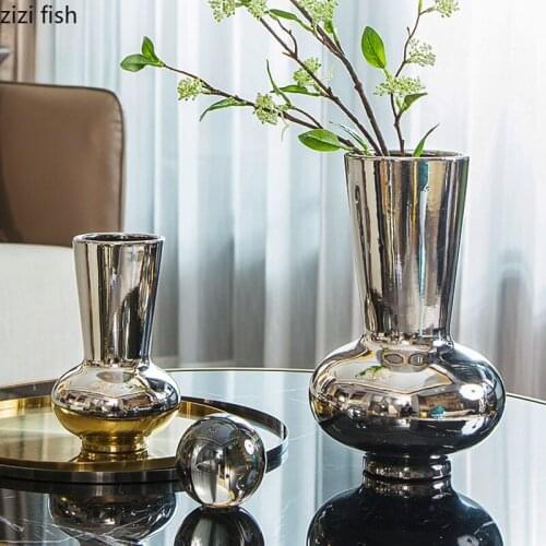 Silver Ceramic Vases Plating Craft Flower Pot Floral Arrangement Shiny Porcelain Flowers Vase Living Room Decoration Modern Home