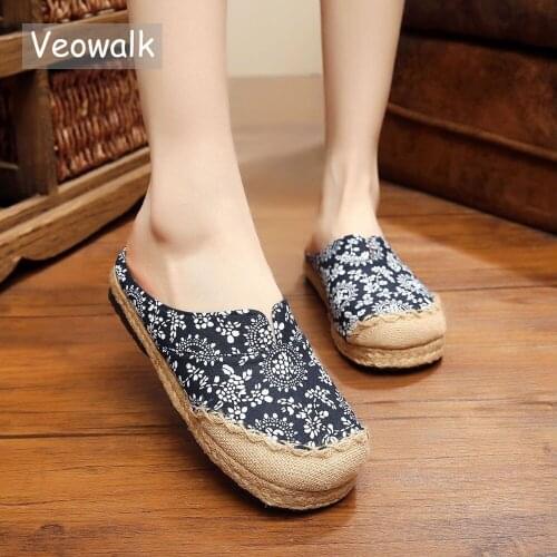 Veowalk Women Black Floral Cotton Linen Slippers Slip on Ladies Flat Slides Summer Hemp Sandal Shoes Female Canvas Sandials