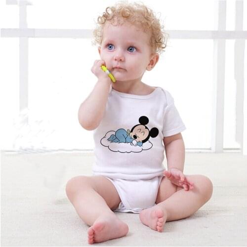 Sleeping Mickey Kawaii BABY Rompers Newborn 0-24M Jumpsuits Short Sleev White Soft Infant Baby Kids Bodysuit Infant Onesie