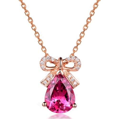 BUTTERFLY BOW KNOT RUBY GEMSTONE PENDANT NECKLACE FOR WOMEN GIRLS RED CRYSTAL 14K ROSE GOLD COLOR DIAMONDS SWEET CHRISTMAS GIFT