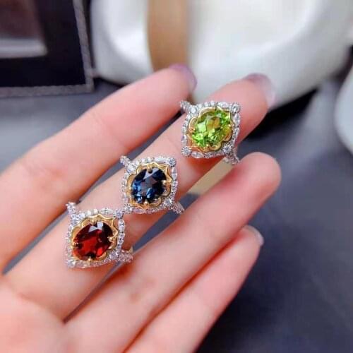 High Quality Topaz/Garnet/Olivine S925 Pure Silver Luxury Flower Pattern Ring Fine Fashion Wedding Jewelry for Women MeibaPJFS