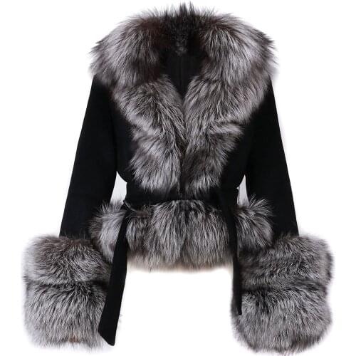 YOLOAgain Natual Fox Fur Collar Sleeves Wool Coat Ladies Real Fur Jacket With Belt