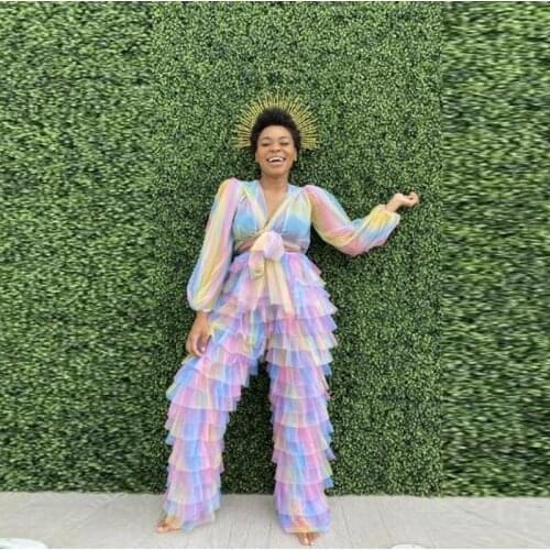 Original Design 2 Pieces Blouse And Pants Tiered Multi Colors Tulle Pants Set Women Long Women Party Outfit Fashion Pants Top