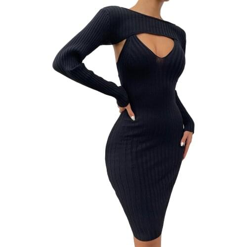 Women Close-fitting Two-piece Clothes Set Black Solid Color Long Dress and Crop Tops, S/ M/ L