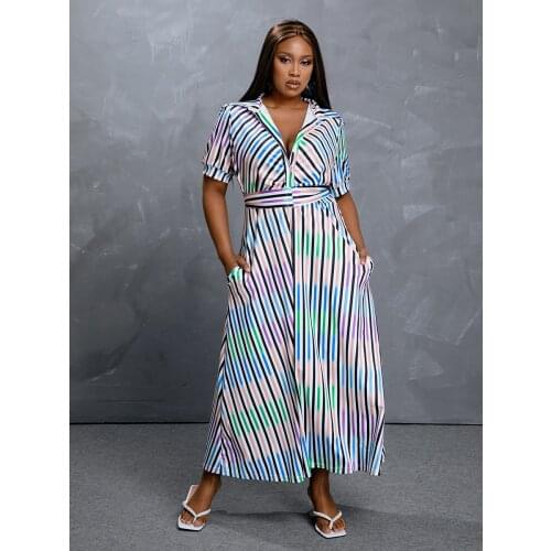 Plus Size Shirt Dress Women 2021 Summer Turn Down Collar Short Sleeve Colorful Striped Casual Dress Pockets Maxi Long Dresses