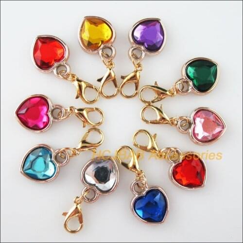 10Pcs KC Gold Color Mixed Acrylic Heart With Lobster Claw Clasps Charms 12.5x16.5mm