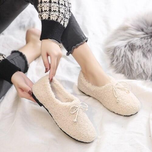 2020 Winter Shoes Women Slip On Warm Flat Shoes Wild Casual Loafers Plush Shoes Moccasins Lady Cute Bow Womens Flats W36-39