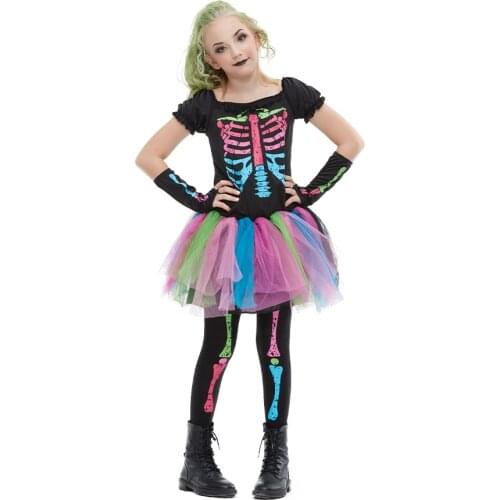 Reneecho 2021 New Arrival Rainbow Skeleton Girl Costume Toddler Funky Punky Bone Costume Halloween Costume For Kids
