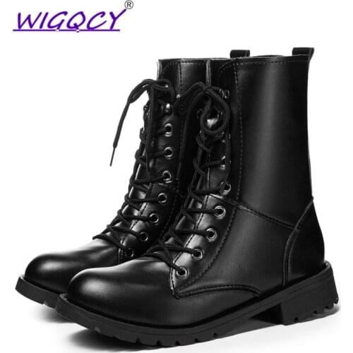 Boots Women Fashion Solid Leather Middle Lace-Up Thick Fashion Boots Round Toe Shoes Outdoor PU Leather Winter Female Shoes