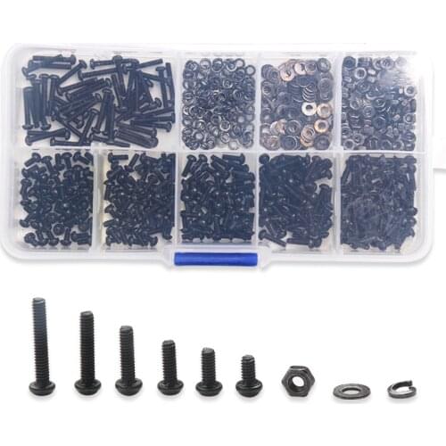 Black Stainless Steel Round Hexagon Screw Bolt Nut 600PCS/Set M2*4/5/6/8/10/12 Flat Pad Washers Spring Box Kit with Plastic Box