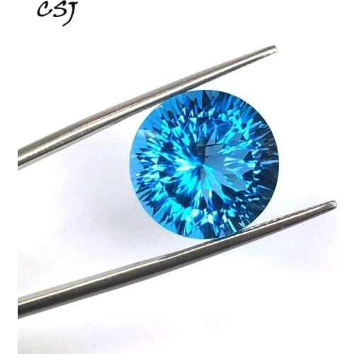 CSJ Natural Blue Topaz Loose Gemstone Deep Color Big Stone Round 15MM 16ct Brilliant Cutting For Diy Jewelry 925 Silver Gold