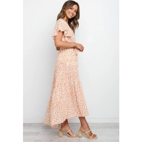 DUISNENA long boho dress floral print v-neck women dresses chiffon belt pink summer robe vestidos
