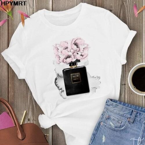 Flower perfume Print T-shirt Women Harajuku Graphics T Shirt Short Sleeve Tops Tees Femme Fashion Summer Tshirt Female Clothing