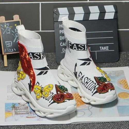 2021 New Heavy Industry Shiny Rhinestone Cherry Tide Brand Elastic Knitted Socks Shoes Womens High Top Sports Casual Shoes