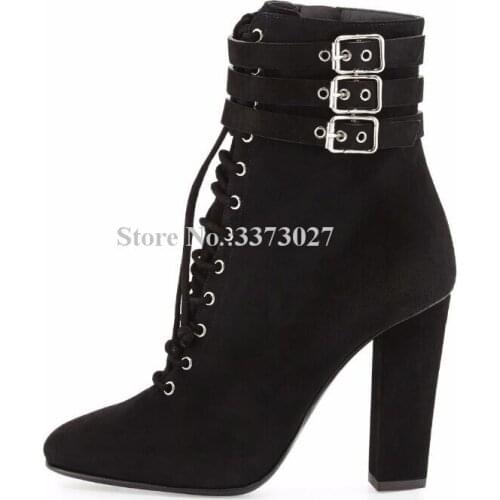 New Black Suede Lace-up Woman Ankle Boots Best Design Buckles Chunky Heel Short Boots Ladies Large Size Dress Shoes Dropship