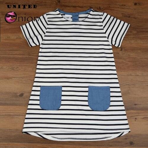 Baby Girls short Sleeve Dress clothes Striped denim Summer Children Clothing Patchwork Character Girl Dresses Kids Clothes