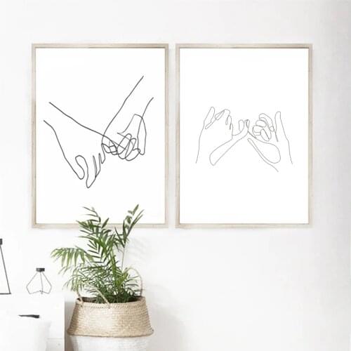 Pinky Swear Continuous One Lines Drawing Wall Art Canvas Poster Prints Minimalist Couple Painting