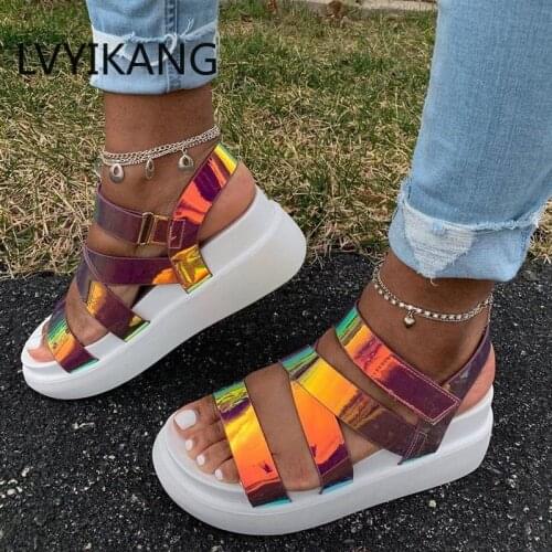 Women Summer Ankle Strap Sandals Rainbow Color Platform Wedges Heel Peep Toe Fashion Casual Beach Ladies Shoes Zapatos De Mujer
