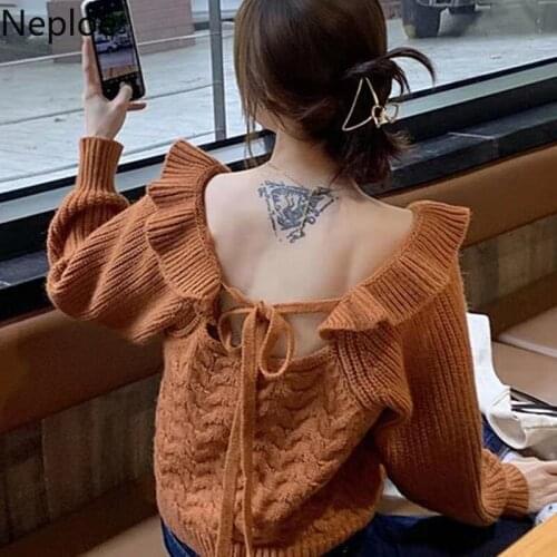 Neploe Sweet Sweater Women Square Collar Long Sleeve Knitted Pullovers Tops Lace Up Backless Korean Ruffles Jumper Tops Mujer