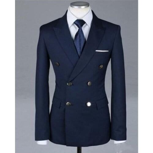 Dark Navy Men Wedding Suits Double Breasted Groom Tuxedo Groomsmen Business Suit Mens suit custom size coat + pants