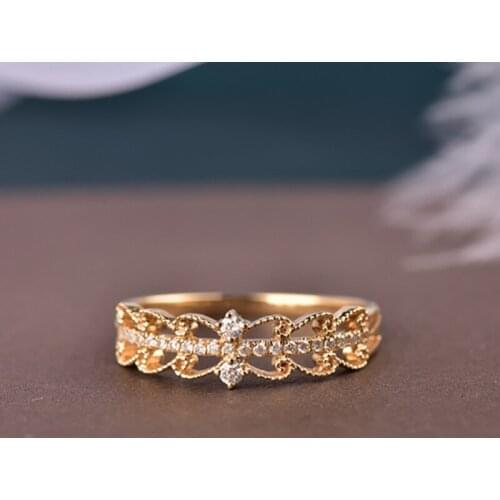 UBESTNICE Real 18K Yellow Gold Lace Hollow Leaf Pattern Vintage Princess Fine Jewelry For Women Party Gift AU750 Diamond Rings