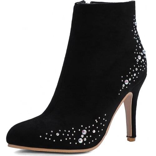 Oversized Cow Suede Rhinestone Super High Heel Ankle Boots Stiletto Flock Pink Ankle Boots Nubuck Leather Gray Side High Heels