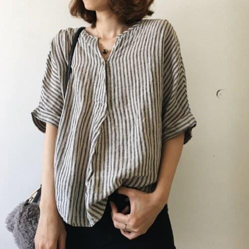 2020 summer womens large cotton and linen college vertical stripe thin V-neck middle sleeve shirt