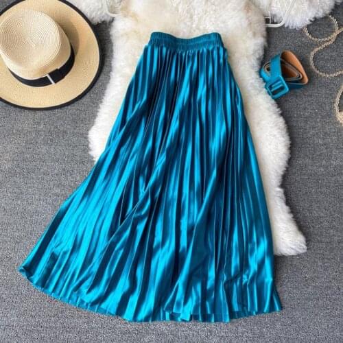 2021 Summer Elastic Waist Women Skirt Casual Vintage Solid Belted Pleated Midi Skirts Lady Fashion Simple Saia Mujer Faldas