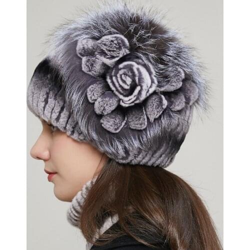 Womens Genuine Rex Rabbit Fur Hat Winter Rex Rabbit Fur Beanie Cap Striped Fox Fur Warm Real Fur Knitted Hat 20HY-13