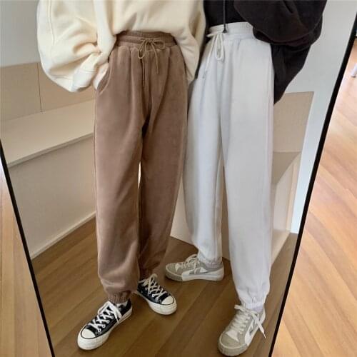 2020 Women Winter Thicken Elastic High Waist Corduroy Long Wide Leg Pants with Velvet Loose Casual Sweatpants Warm Trousers