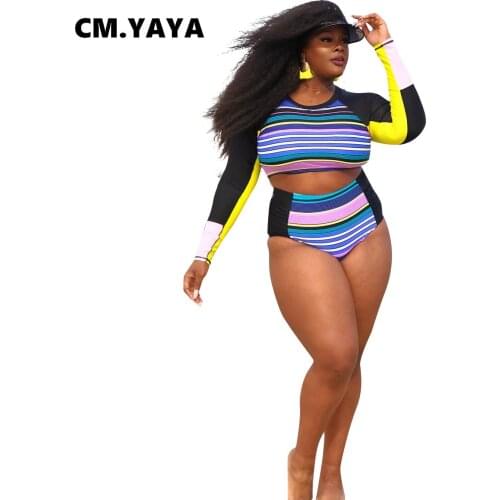 CM.YAYA Women Set Print Full Sleeve O-neck Crop Tops Skinny Shorts Two 2 Piece Bikinis Sets Sexy Fashion Swimsuit Summer Outfit