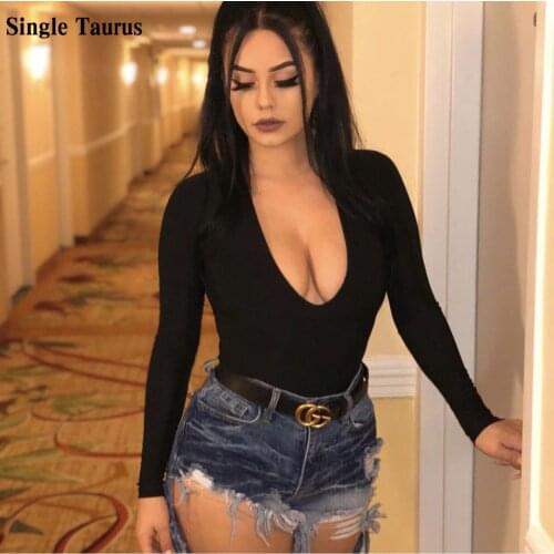 WomanSexy Skinny Tops Bodysuits Deep V Neck Long Sleeve Streetwear Sheath Bodycon Womans White Black Body Mujer Body Donna 2020