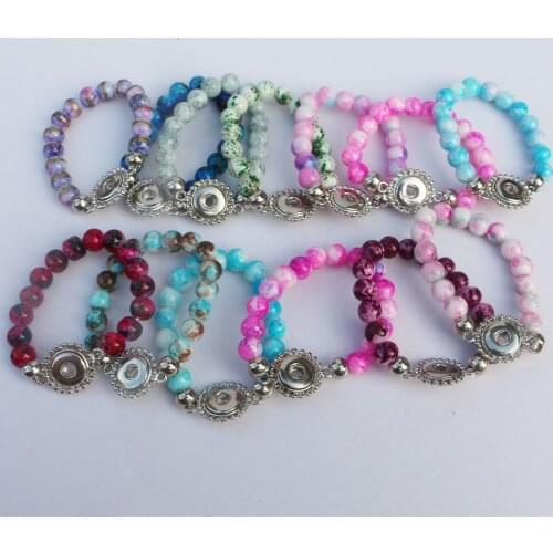 15Colors to choose! 12pcs Children Bracelets Colorful 8mm Glass Beads 12mm Diy Snap Metal Button Bracelets 15cm For Kids