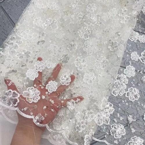 5yards/pc) High quality embroidered French net lace African tulle lace fabric with tube beads sequins for party dress FZX109