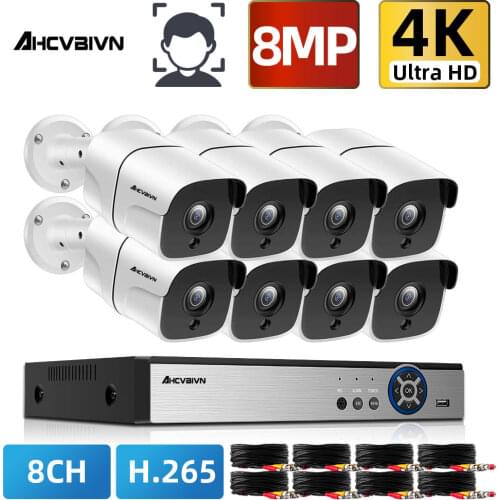36pcs Infrared Led 8MP XMeye 4K 8 Channel H.265+ Indoor Outdoor Face Detection White AHD DVR Security Bullet CCTV Camera Kits